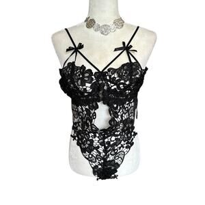 Youmita Black Lace 1pc Thong/Thigh Straps Bodysuit Lingerie, Women's Large NWOT